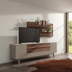 GWINNER Ensemble meubles TV Misano III (2 élém.) - Placage en bois véritable / Verre - Planches de chêne / Gris - Gris Sahara / Poutres en chêne - Sans éclairage