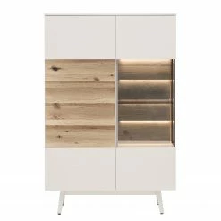 GWINNER Buffet haut Misano - Placage en bois véritable - Gris Sahara / Planches de chêne - Blanc / Chêne sauvage - Porte en verre à droite - Avec éclairage