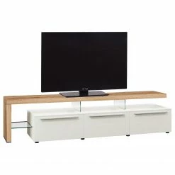 GWINNER Meuble TV Bellano II - Placage en bois véritable - Mat blanc / Chêne de poutre - Alignement à gauche - Avec éclairage