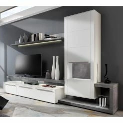 GWINNER Ensemble meubles TV Bellano II (3 élém.) - Blanc mat / Imitation béton - Alignement à droite - Sans éclairage