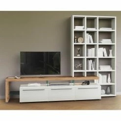 GWINNER Ensemble meubles TV Bellano I (2 élém.) - Placage en bois véritable - Mat blanc / Chêne de poutre - Alignement à gauche - Sans éclairage