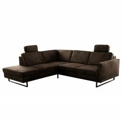 Canapé d’angle Godow I - Microfibre Flavie: Marron foncé - Méridienne longue à gauche (vue de face)