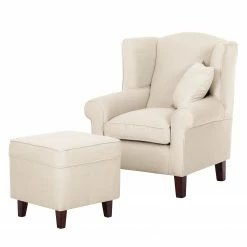 Maison Belfort Fauteuil à oreilles Colmar - Tissu Maka : Beige - Avec repose-pieds